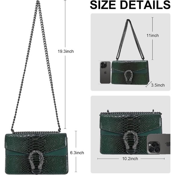 ⚡ Women's Dark Green Snake Vegan Leather Print Casual Satchel Crossbody Handbag - Picture 5 of 7